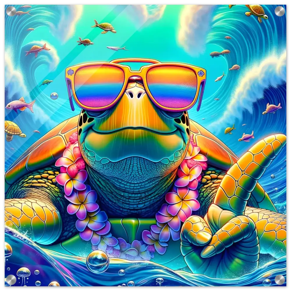 Colorful sea turtle wearing sunglasses and lei on Acrylic Print Turtle-y Misunderstood Bro