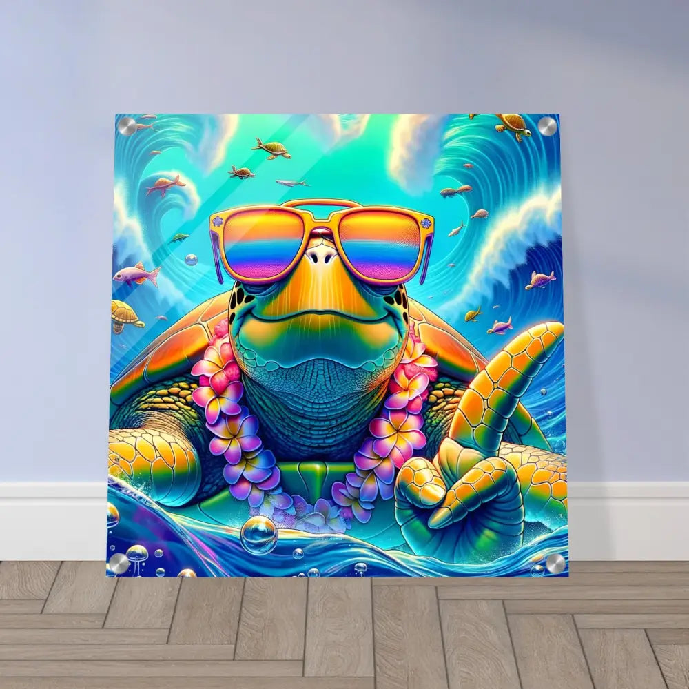 Vibrant Turtle Art Print displayed on Acrylic Print Turtle-y Misunderstood Bro PixiOnyx Crystal Vibe Panel