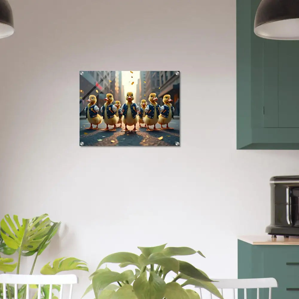 Acrylic Print Varisty Duck Squad art featuring colorful ducklings in parade style