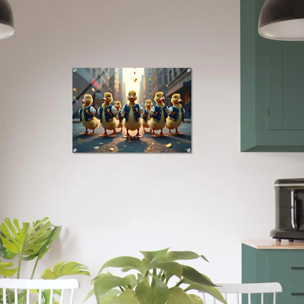 Framed duckling parade artwork on Acrylic Print Varsity Duck Squad PixiOnyx Surreal Art