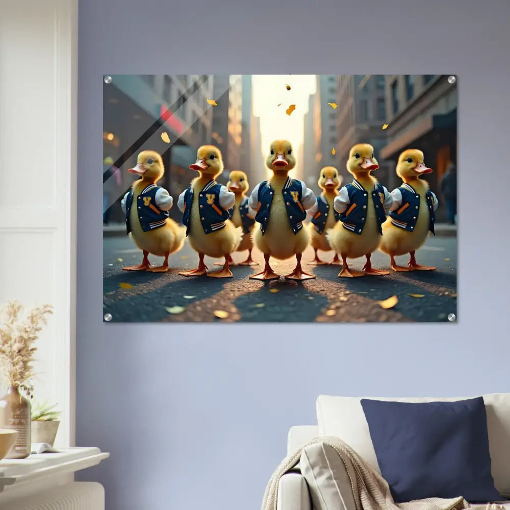 Acrylic print of ducks in varsity jackets from PixiOnyx Varsity Duck Squad collection