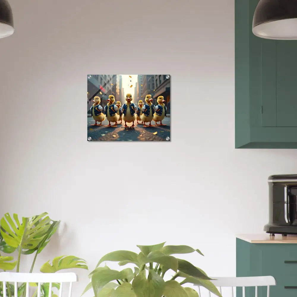 Acrylic print featuring a duckling parade wall art design titled Varsity Duck Squad