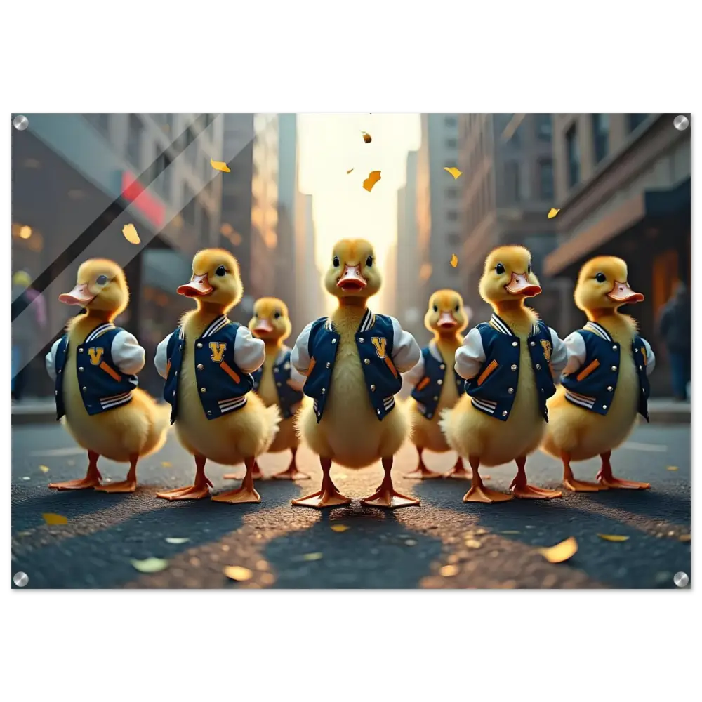 Acrylic print featuring Ducklings in varsity jackets from PixiOnyx’s Varsity Duck Squad collection