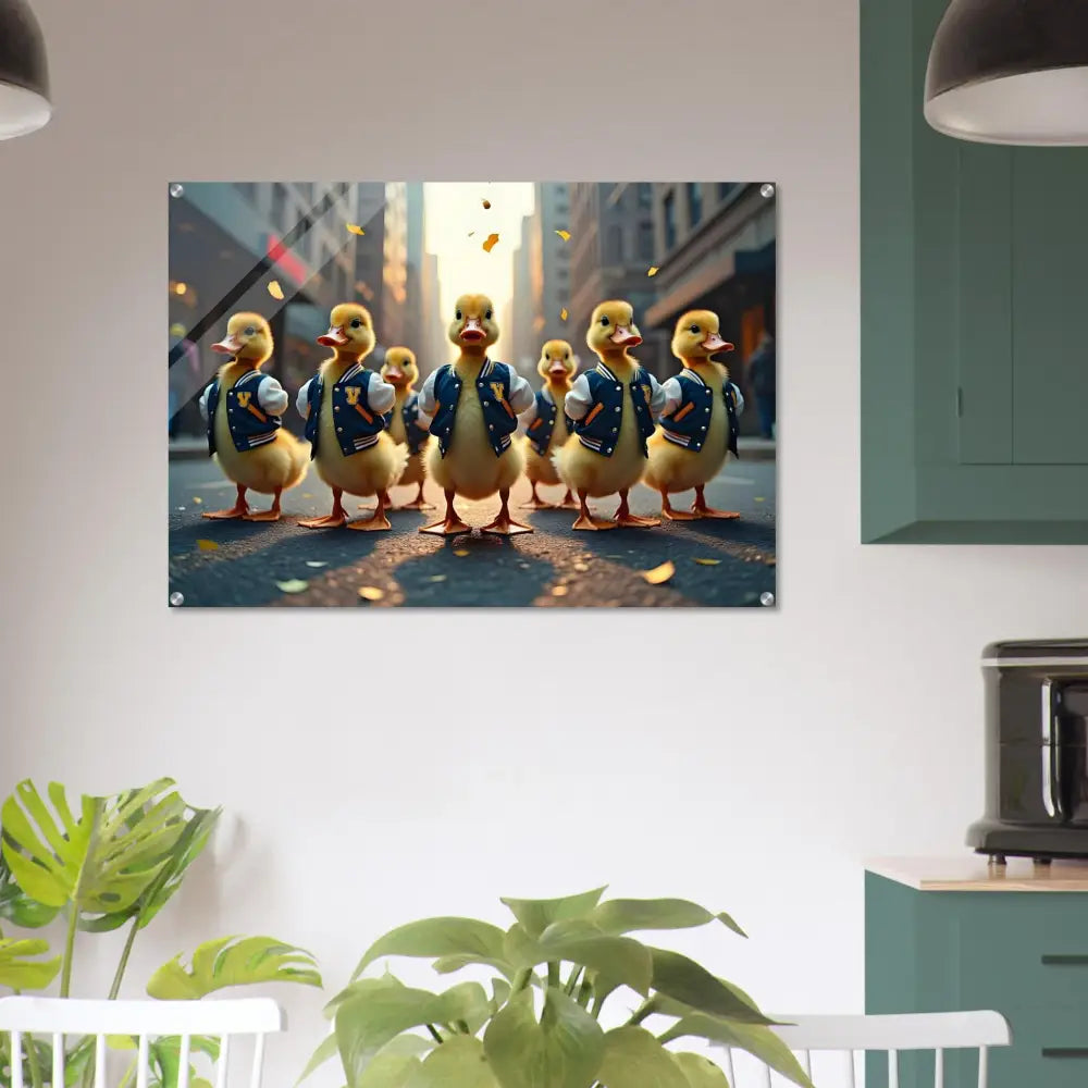 Acrylic print of Ducklings in varsity jackets street art for Varsity Duck Squad decor