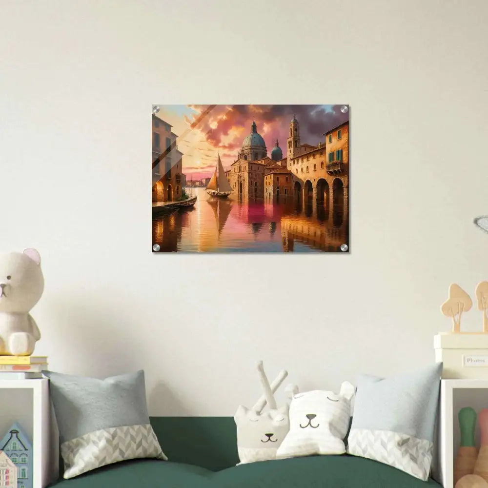 Acrylic print Venetian Reverie shows a Venetian canal scene at sunset beneath polished acrylic with depth meets brilliance