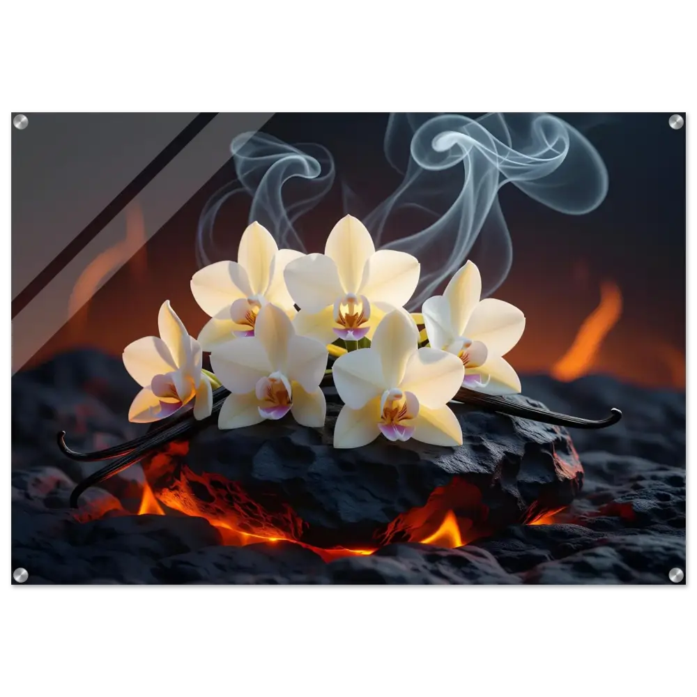 Framed floral and vanilla bean art on acrylic print titled Volcanic Vanilla by PixiOnyx