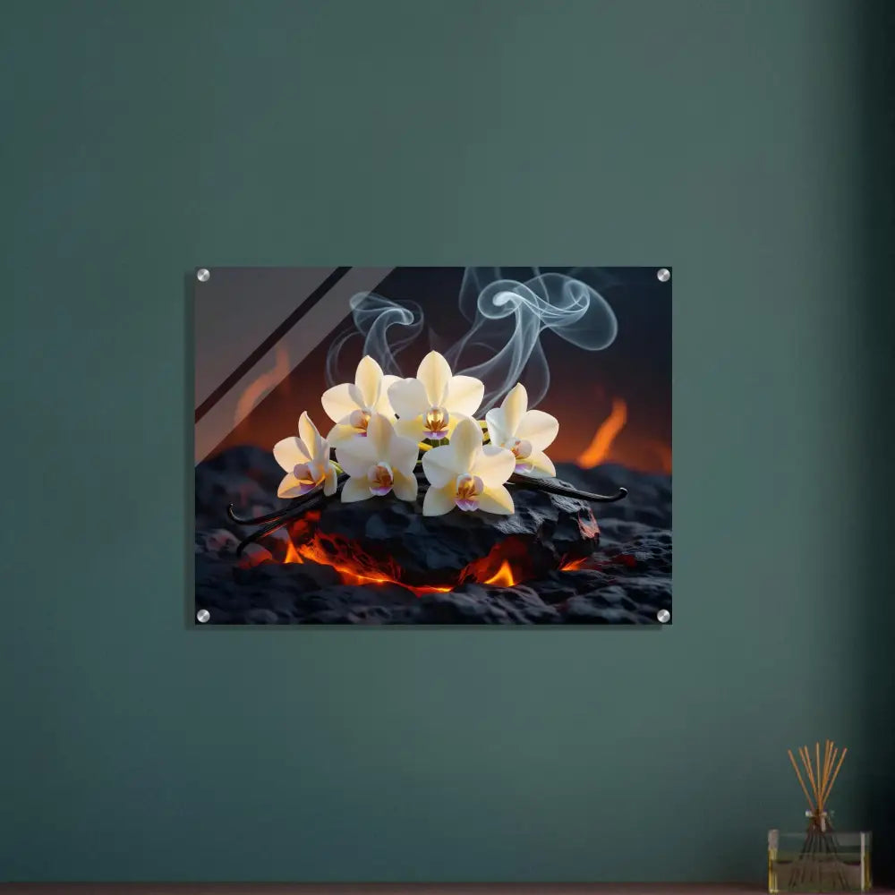 Wall-mounted floral acrylic art display for Volcanic Vanilla PixiOnyx Crystal Botanical Flame