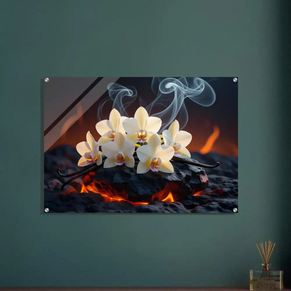 Orchid and vanilla bean art print displayed on Acrylic Print Volcanic Vanilla PixiOnyx Crystal Botanical Flame