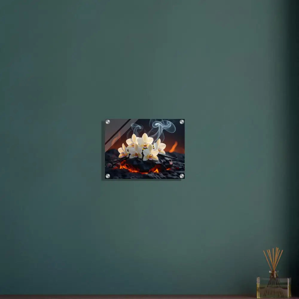 Orchid flowers on glowing embers depicted in Acrylic Print Volcanic Vanilla by PixiOnyx