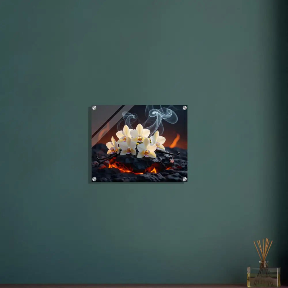 Orchids resting on glowing smoking embers displayed in Acrylic Print Volcanic Vanilla PixiOnyx