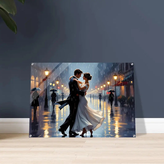 Romantic couple dancing in the rain painting on Acrylic Print Waltz in the Rain by PixiOnyx