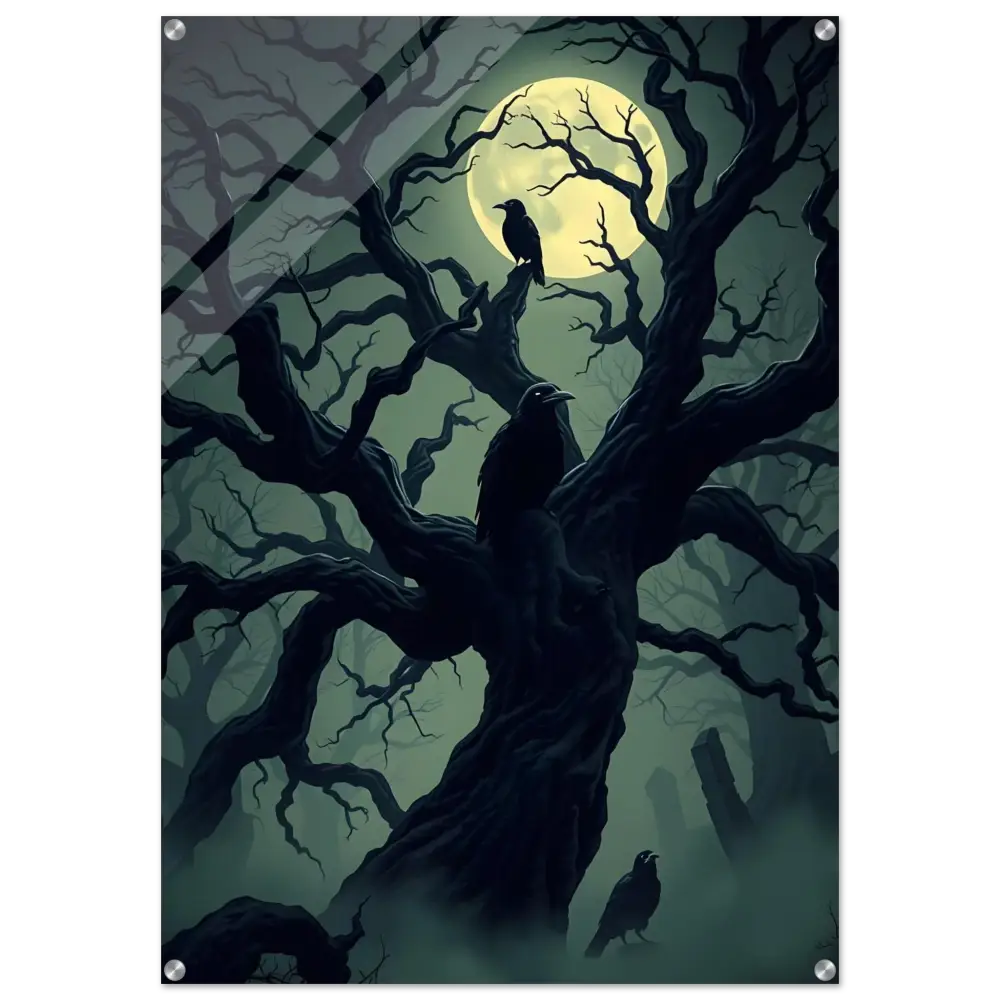 Spooky tree with ravens under full moon on Acrylic Print Watcher of the Crooked Moon PixiOnyx Ghostglass Edition
