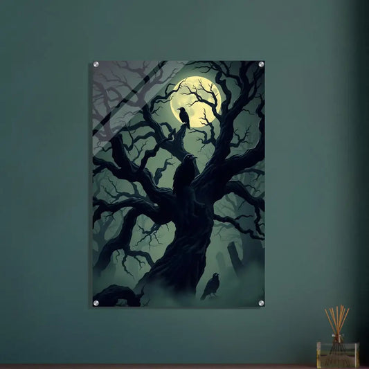 Spooky tree and raven wall art acrylic print Watcher of the Crooked Moon PixiOnyx Ghostglass Edition