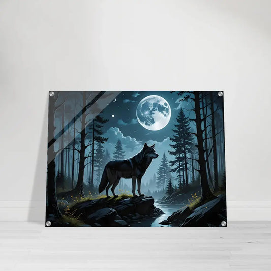 Wolf and moon forest scene wall art displayed on Acrylic Print Wolf Moon Reverie