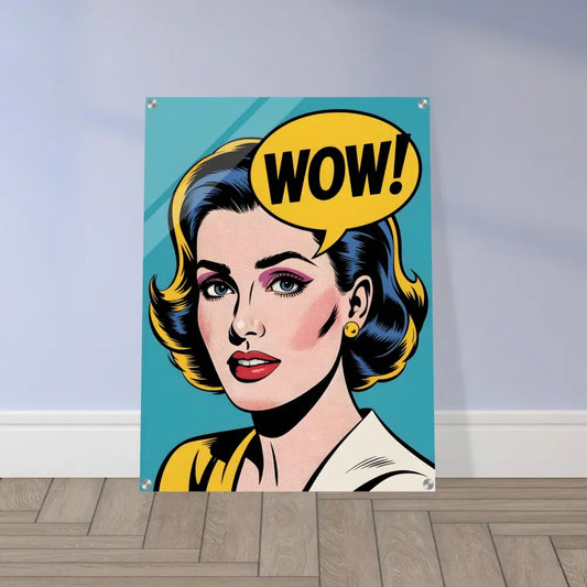 Acrylic print featuring a pop art woman with WOW speech bubble in vivid colors