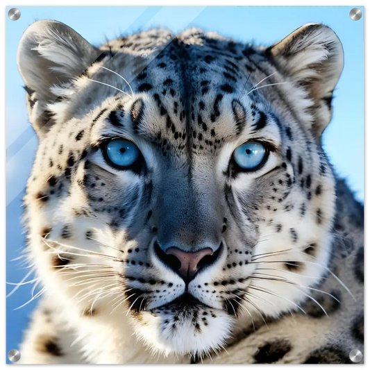 Intense snow leopard portrait displayed on Acrylic Snow Leopard Glacier Gaze PixiOnyx Crystal