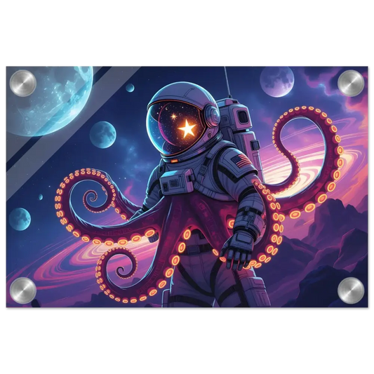 Astronaut with octopus tentacles in space on Acrylic Space Octonaut Panel by PixiOnyx