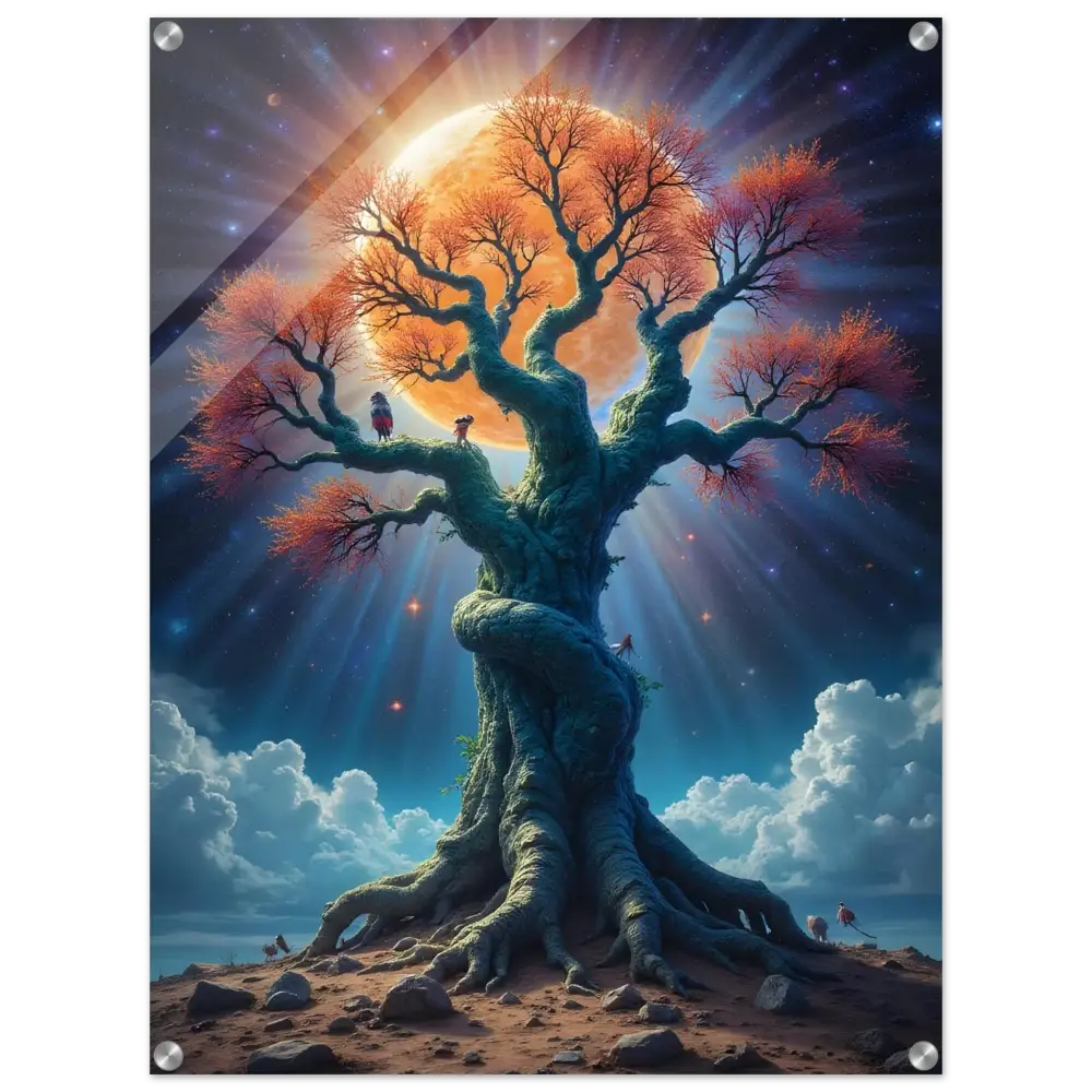 Acrylic Tree of Light Art Cosmic Roots with orange leaves and radiant moon glow