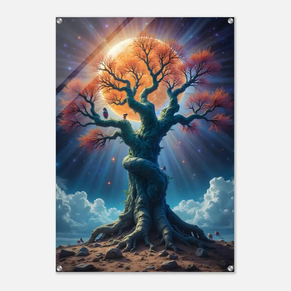 Vibrant Tree Beneath Radiant Moon Acrylic Art Cosmic Roots PixiOnyx Gloss Finish Print