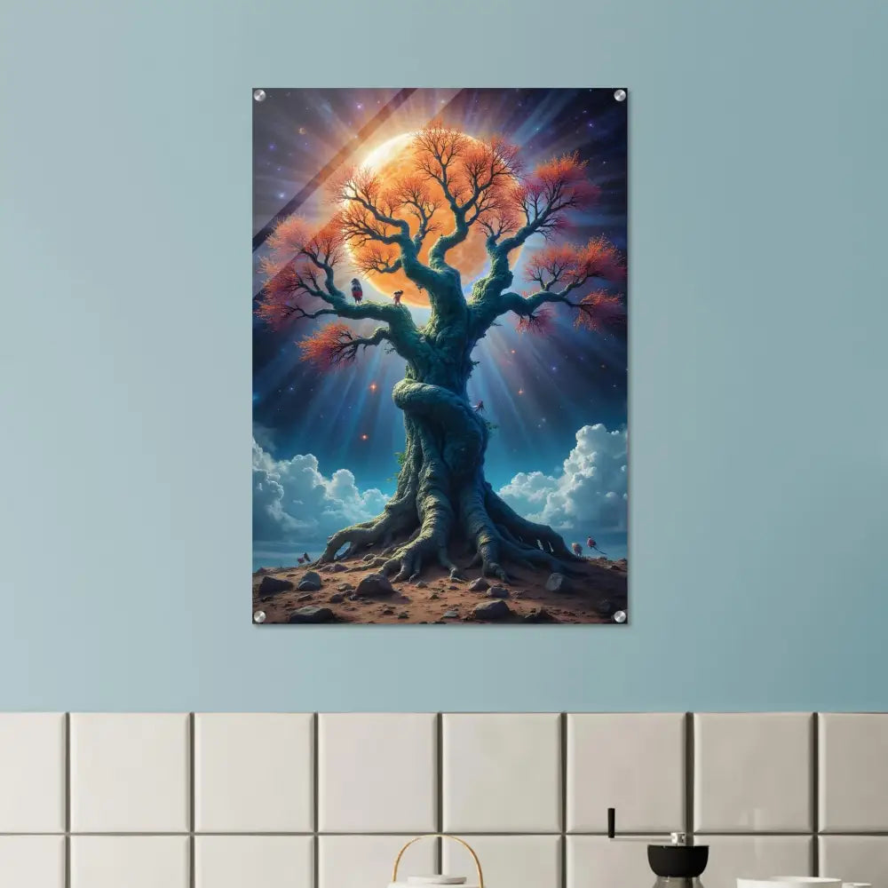 Fantasy tree art print with cosmic roots on PixiOnyx Gloss Finish Acrylic Wall Decor