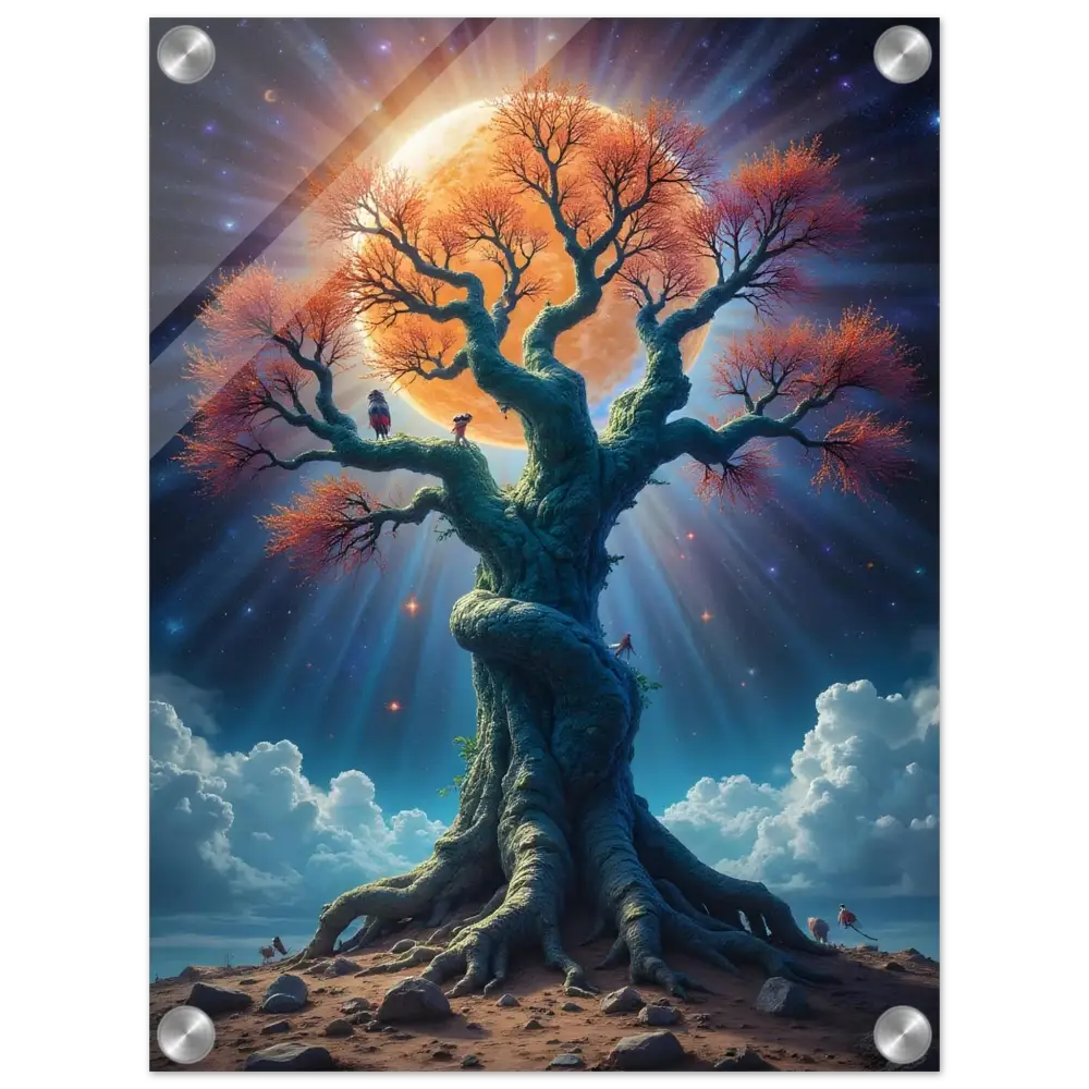 Acrylic Tree of Light Art Cosmic Roots with orange leaves and celestial backdrop