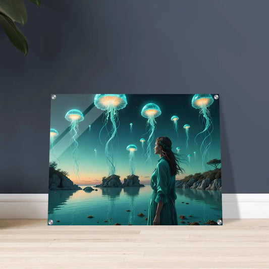 Jellyfish-themed acrylic wall art from PixiOnyx Crystal Print with turquoise lagoon glow