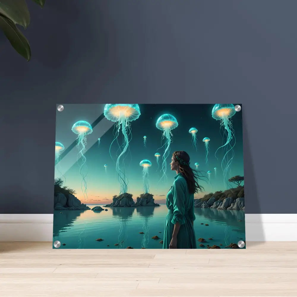 Framed jellyfish fantasy art from Acrylic Turquoise Ascension Surreal Lagoon Glow print