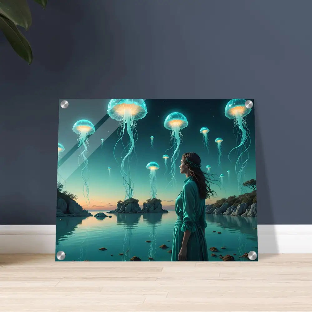 Acrylic print of a woman and jellyfish from Turquoise Ascension Surreal Lagoon Glow artwork