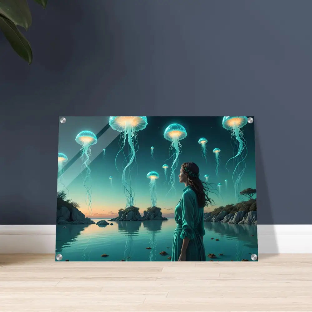 Acrylic print of a woman and jellyfish from Turquoise Ascension Surreal Lagoon Glow artwork