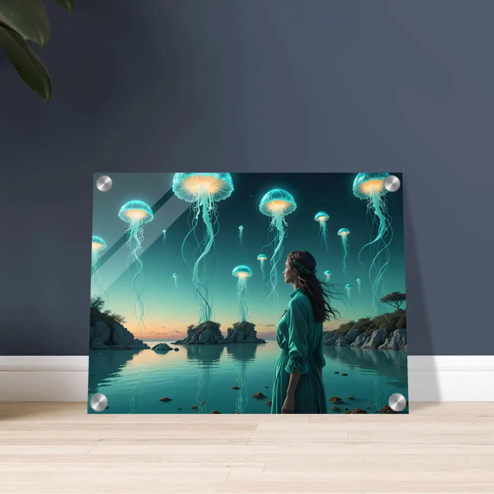 Acrylic Turquoise Ascension Art featuring a woman and jellyfish in a surreal lagoon glow