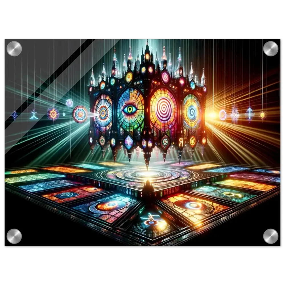 Acrylic Vision Temple Cathedral of the Mind’s Eye stained glass with mystical symbols