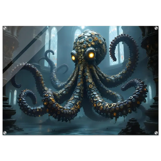 Steampunk octopus wall art with coin-like scales for Acrylic Wall Art Clocktopus Cathedral Sentinel
