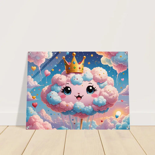 Cute cloud wearing a crown featuring in PixiOnyx Cotton Candy Majesty Kawaii Queen Acrylic Wall Art