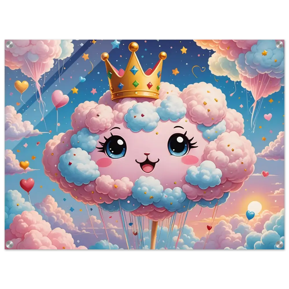 Cute cloud character wearing a crown on PixiOnyx Cotton Candy Majesty acrylic wall art