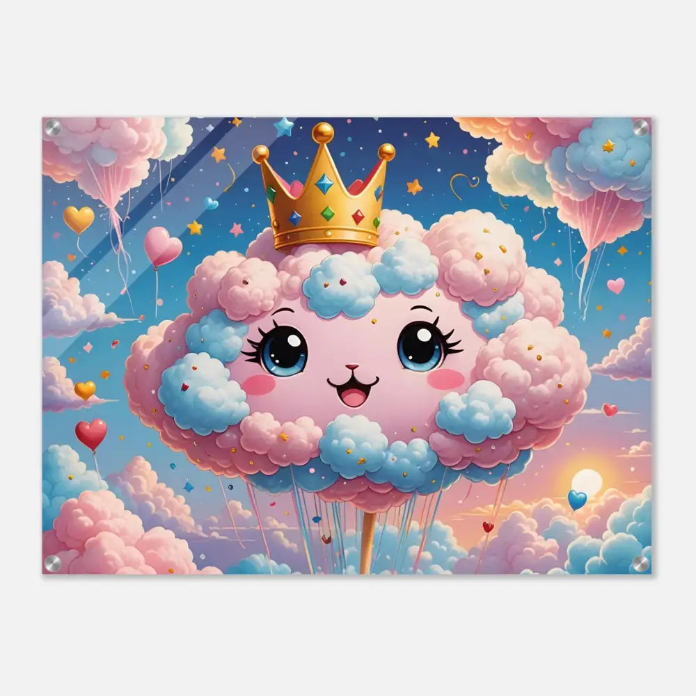 Cute cotton candy cloud with crown acrylic wall art titled Cotton Candy Majesty Kawaii Queen