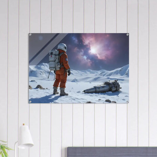 Acrylic wall art depicting a crashed astronaut on a snowy alien landscape scene