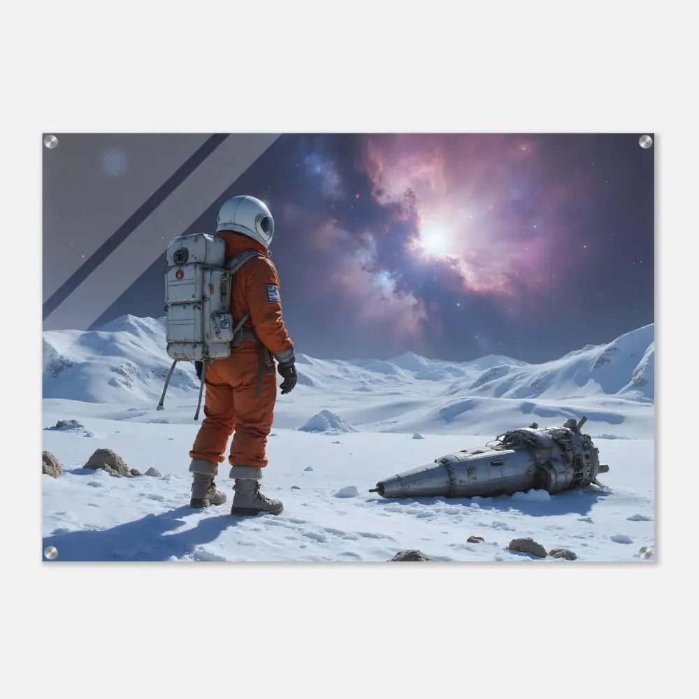 Acrylic Wall Art featuring a crashed astronaut in orange suit and spacecraft scene