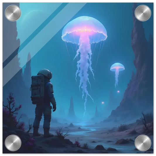 Astronaut gazing at glowing bioluminescent jellyfish in space-themed acrylic wall art
