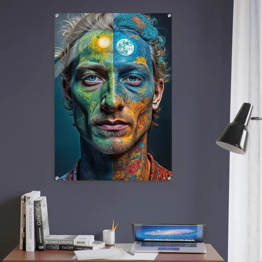 Eerily lifelike acrylic wall art of a man’s face with sun and moon designs on high-gloss paper