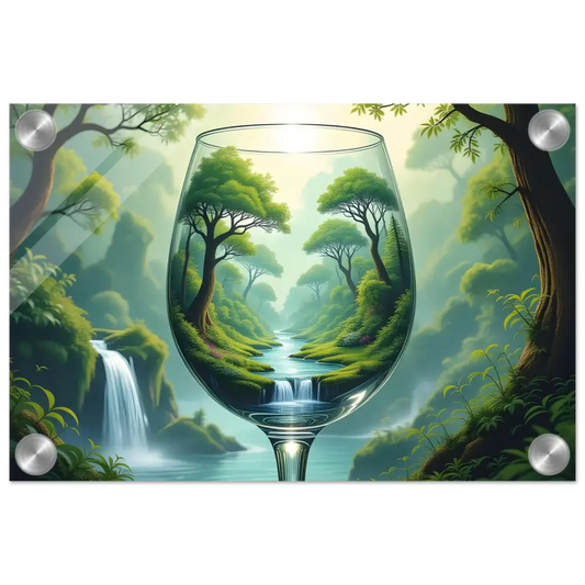 Wine glass with vibrant forest landscape wall art in PixiOnyx Clarity Series