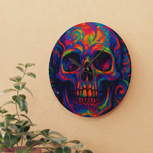 Colorful skull clock wall art for bold Psychedelic Skull decor in modern interior design