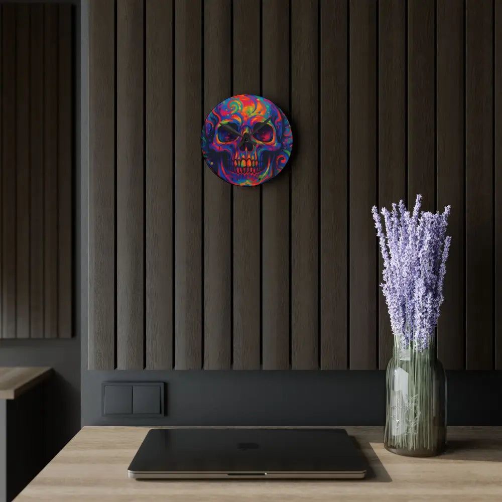 Colorful skull wall art on Acrylic Wall Clock Psychedelic Skull by PixiOnyx Bold Decor