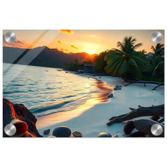 Framed tropical beach sunset scene on high-gloss acrylic wall art by PixiOnyx