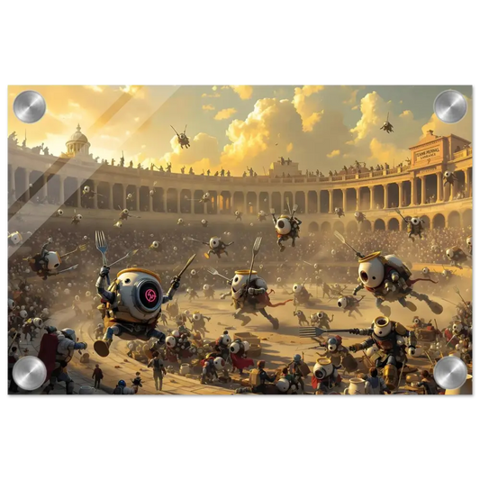 Robotic arena battle scene from Acrylic Warzone Art Battle of the Breakfast Bots PixiOnyx