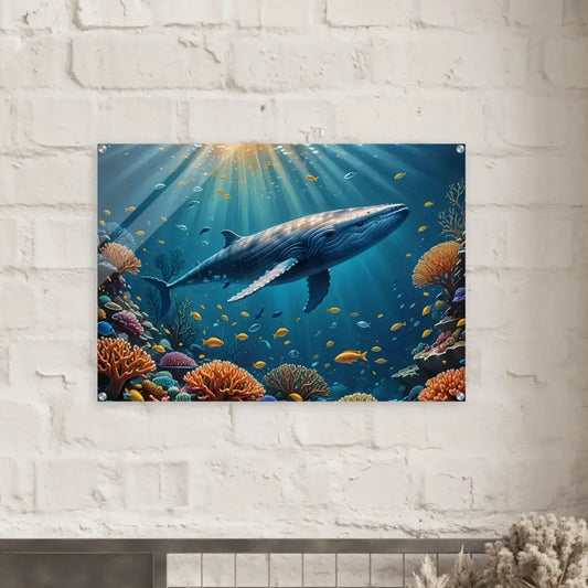 Acrylic whale and coral reef wall art with PixiOnyx glass finish named Prism Beneath the Waves