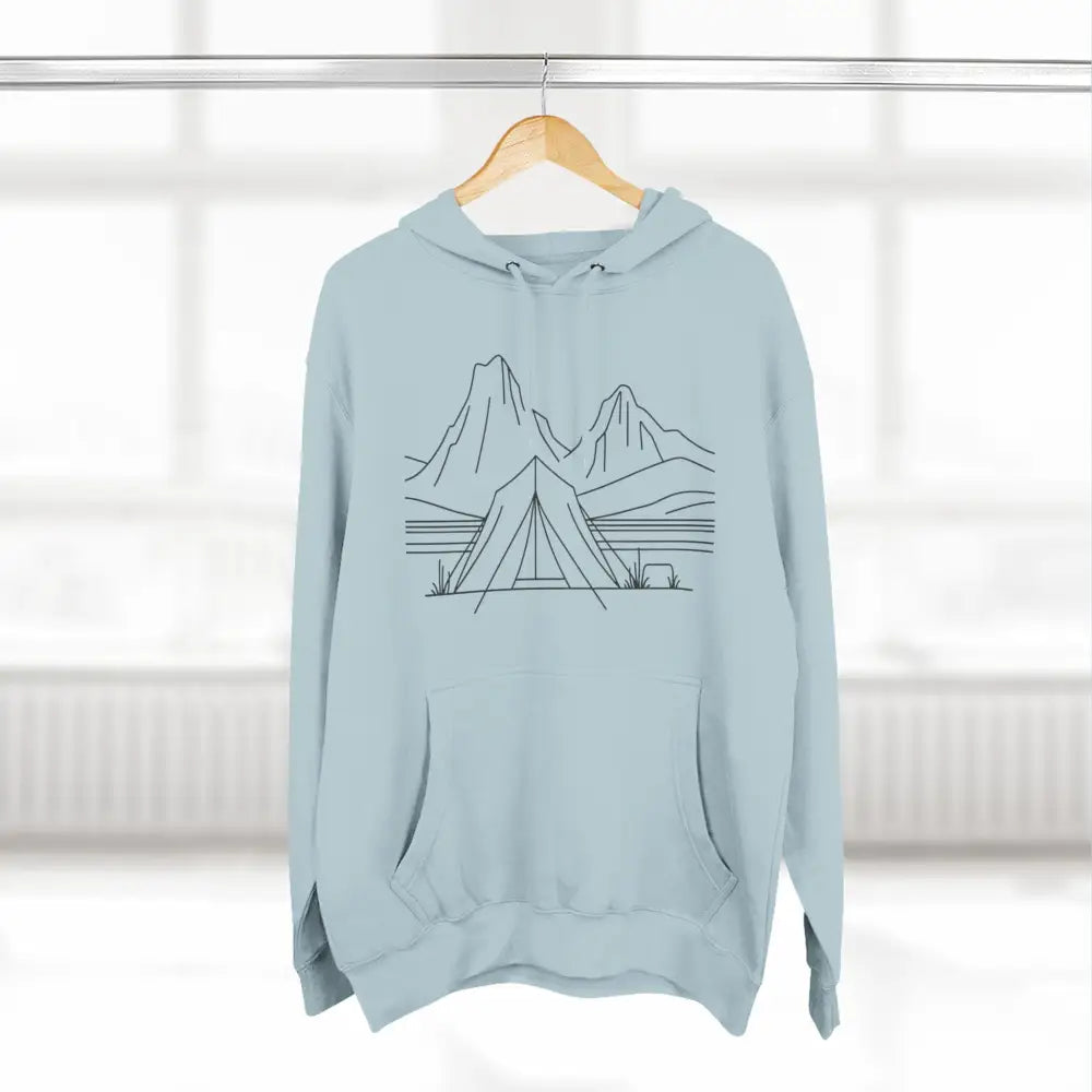 Light blue unisex hoodie with black mountain lake tent graphic and spacious kangaroo pocket