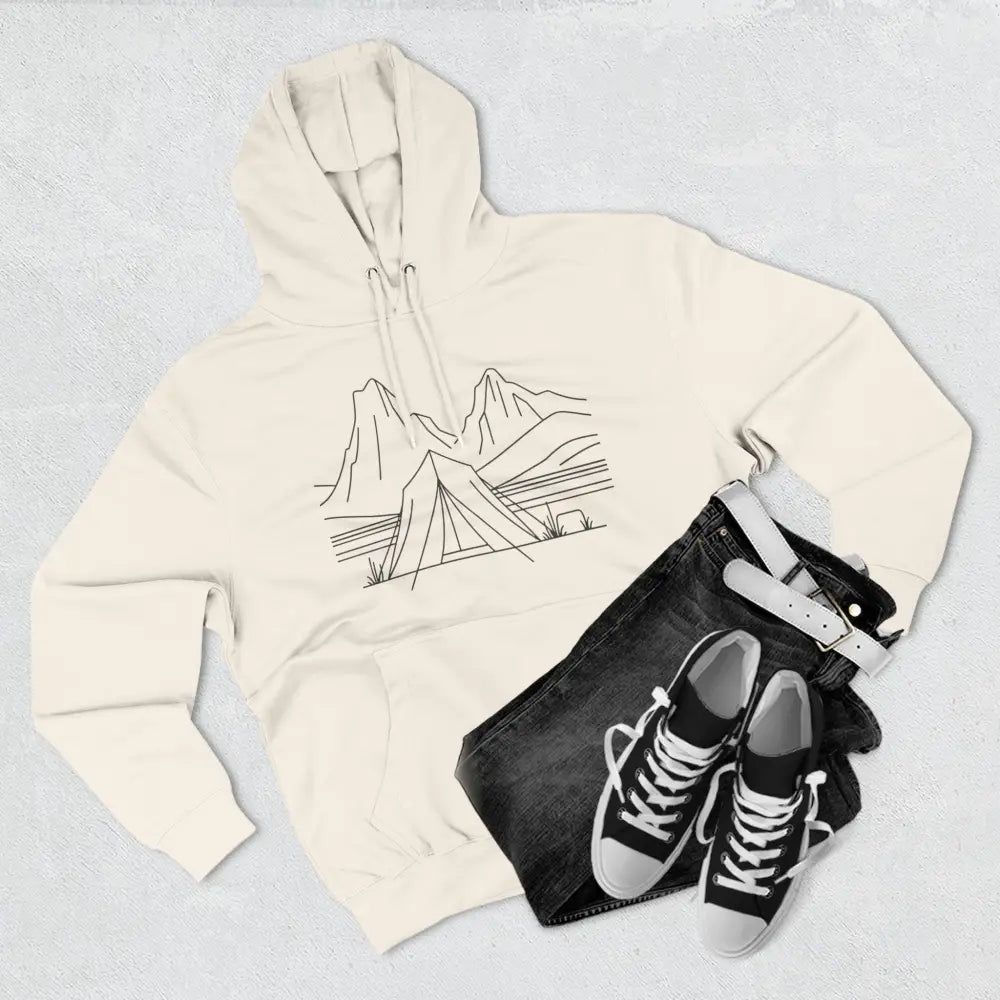 Cream-colored unisex hoodie with mountain and tent graphic, luxurious fleece, spacious kangaroo pocket