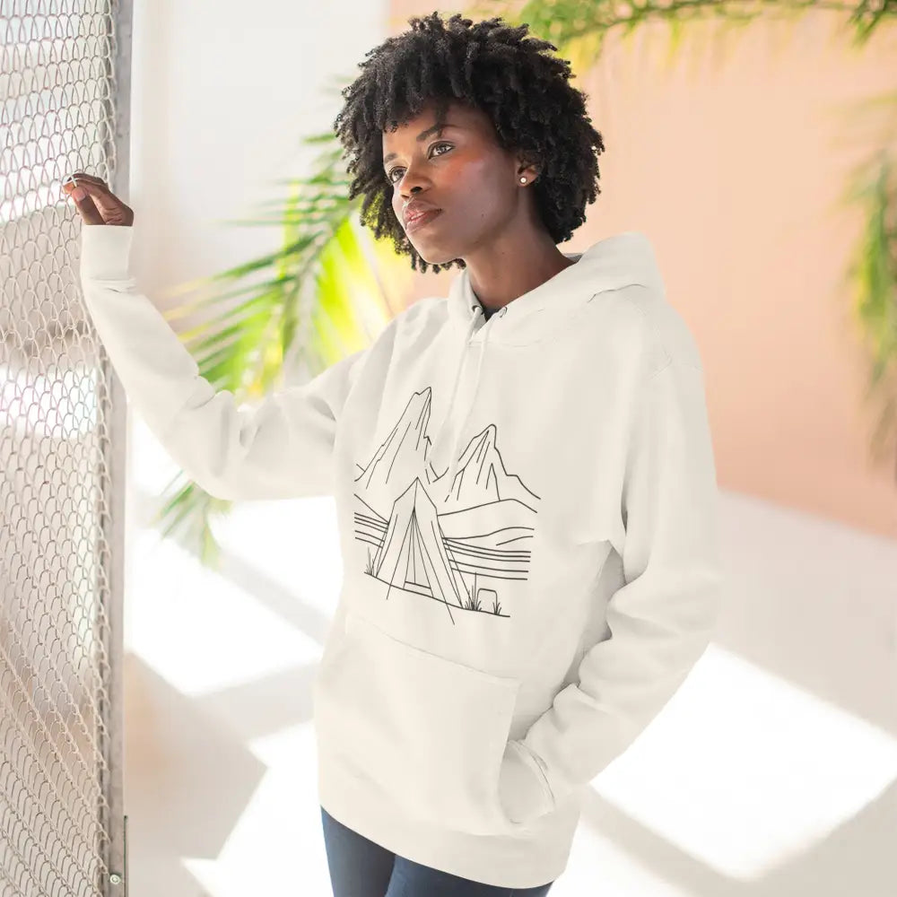 White unisex hoodie with mountain and tent graphic, cozy fleece, spacious kangaroo pocket