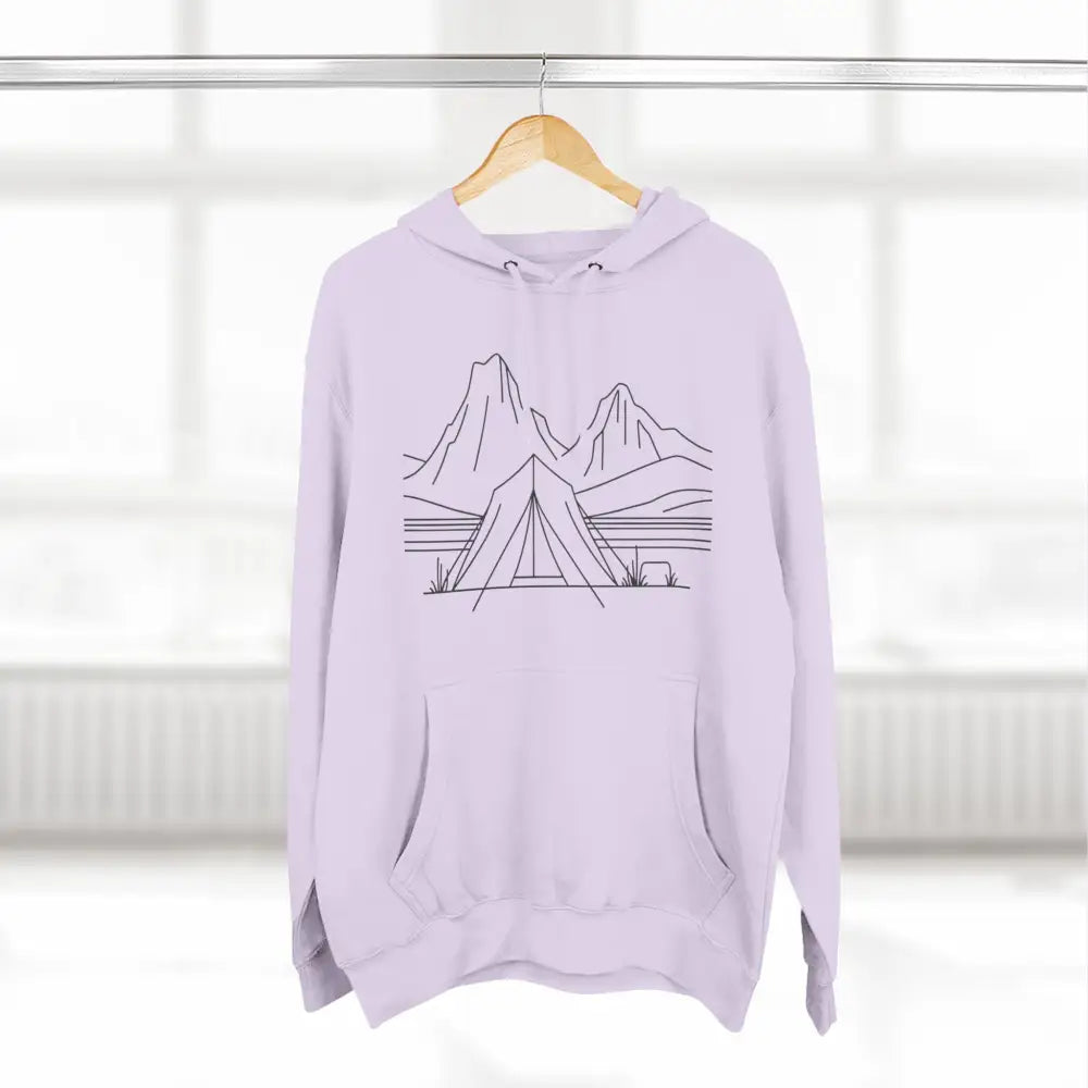 Light purple unisex hoodie with mountain and lake black outline design, cozy fleece, spacious kangaroo pocket