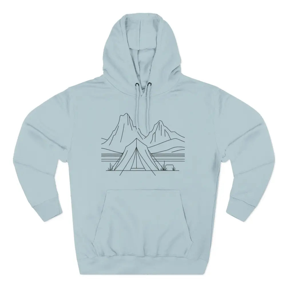Light blue unisex hoodie with mountain and tent graphic, luxurious fleece, spacious kangaroo pocket